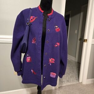 Bon Worth Vintage Purple Red Hat Society sweater cardigan with purse handbag